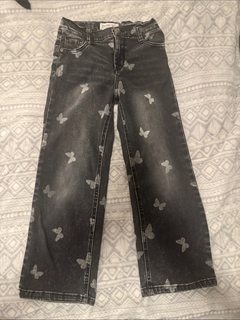 Girls Beautees Black Wide-Leg Jeans with Silver Butterfly Print